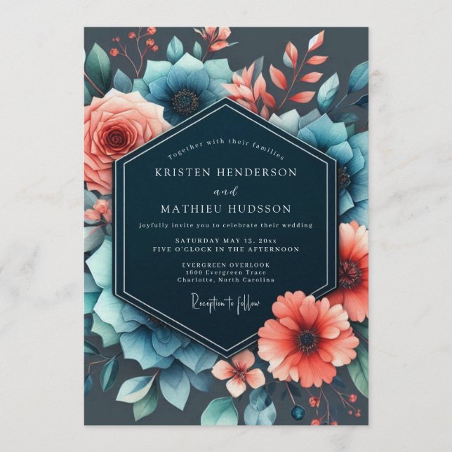 Slate & Coral Moody Bloom Hochzeit Einladung (Vorderseite)