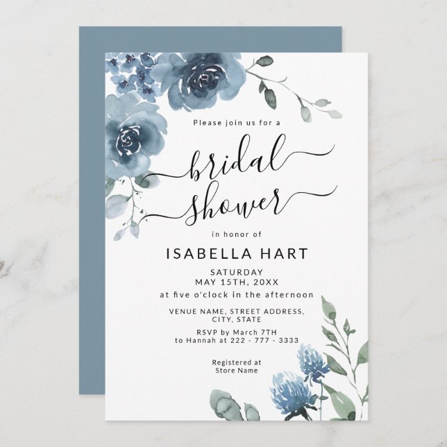 Slate Dusty Blue Floral Watercolor Brautparty Einladung (Vorne/Hinten)