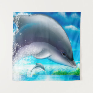 Slate Gray Blue Ocean Dolphins Tapestry Wandteppich