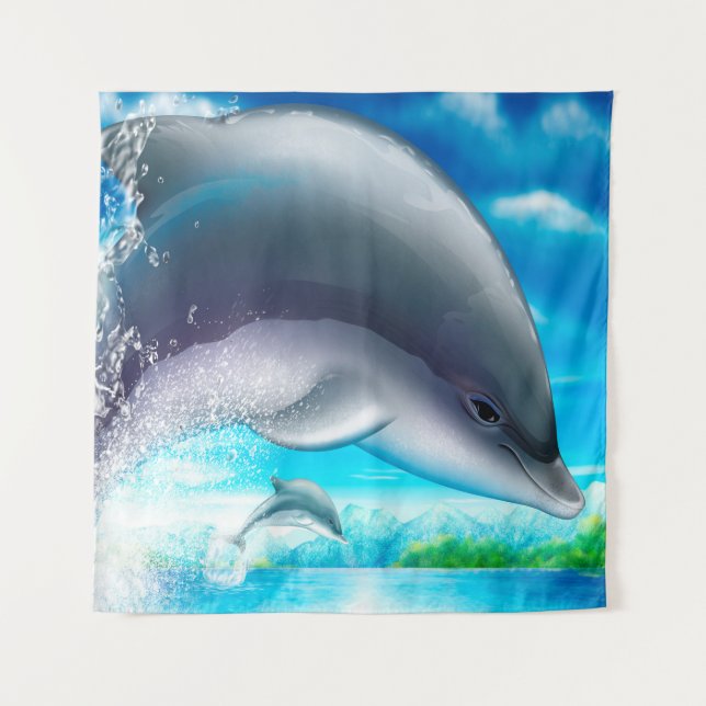 Slate Gray Blue Ocean Dolphins Tapestry Wandteppich (Vorderseite)
