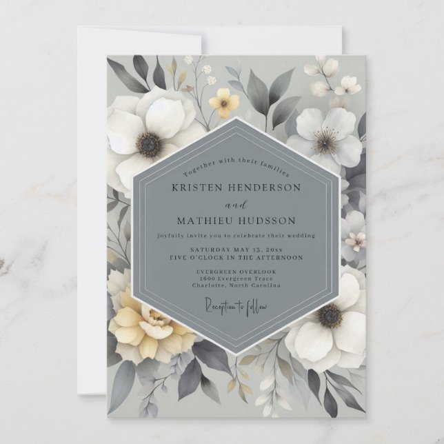 Slate Gray Floral Bloom Wedding Einladung (Vorderseite)