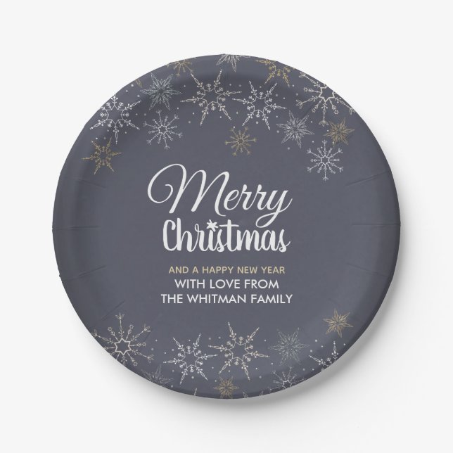 Slate Gray Frohe Weihnachtsschneeflocken Pappteller (Vorderseite)