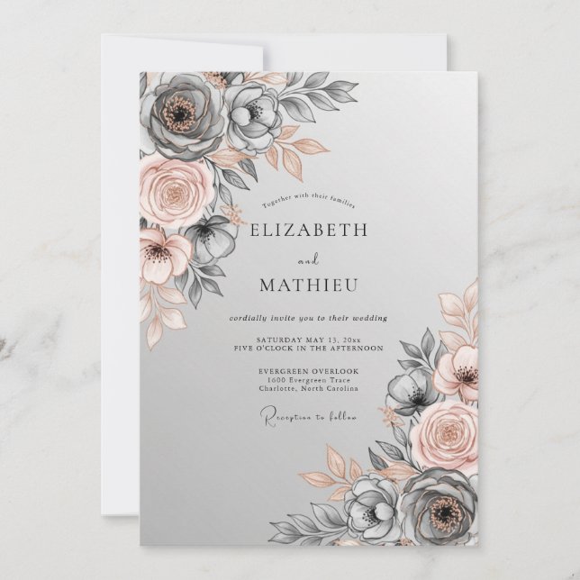 Slate Gray Polished Botanical Wedding Einladung (Vorderseite)