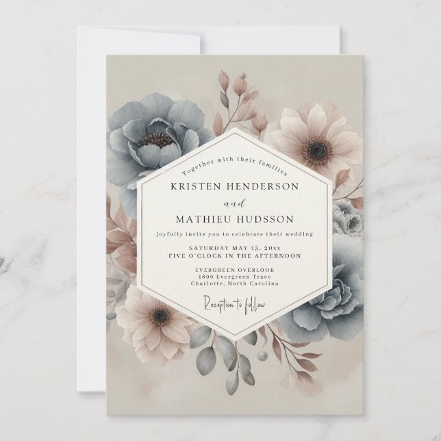 Slate Hazy Floral Wedding Einladung (Vorderseite)