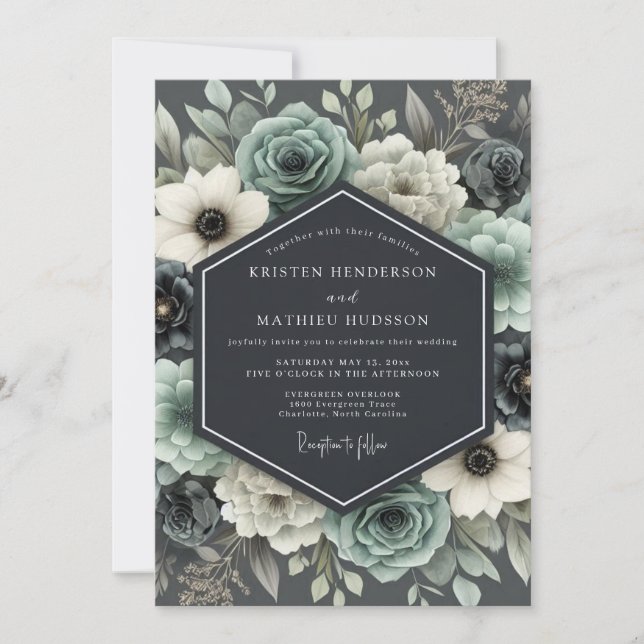 Slate & Ivory Moody Floral Wedding Einladung (Vorderseite)