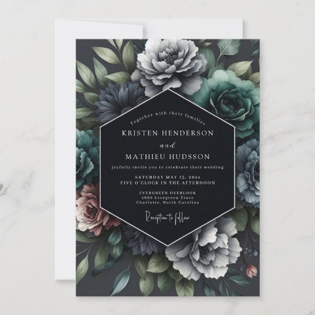 Slate Opulent Flora Hochzeit Einladung (Vorderseite)