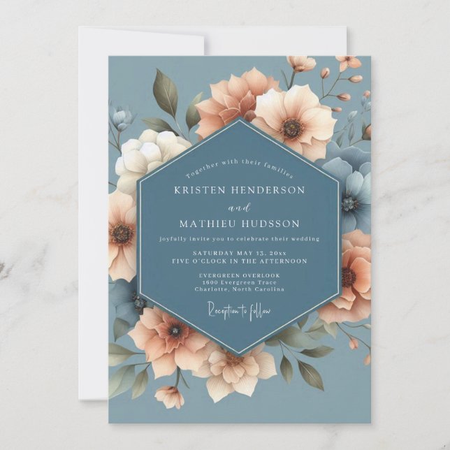 Slate & Peach Anemone Wedding Einladung (Vorderseite)
