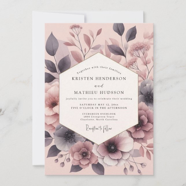 Slate Rose Painterly Bloom Wedding Einladung (Vorderseite)
