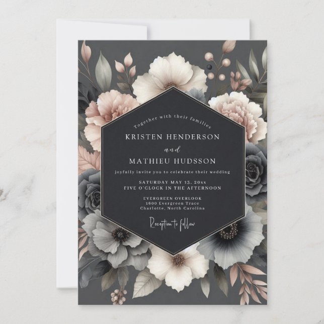 Slate Rose Somber Bloom Wedding Einladung (Vorderseite)