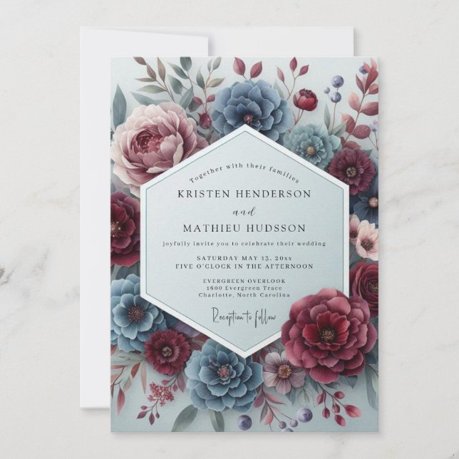 Slate Rouge Somber Flora Wedding Einladung (Vorderseite)