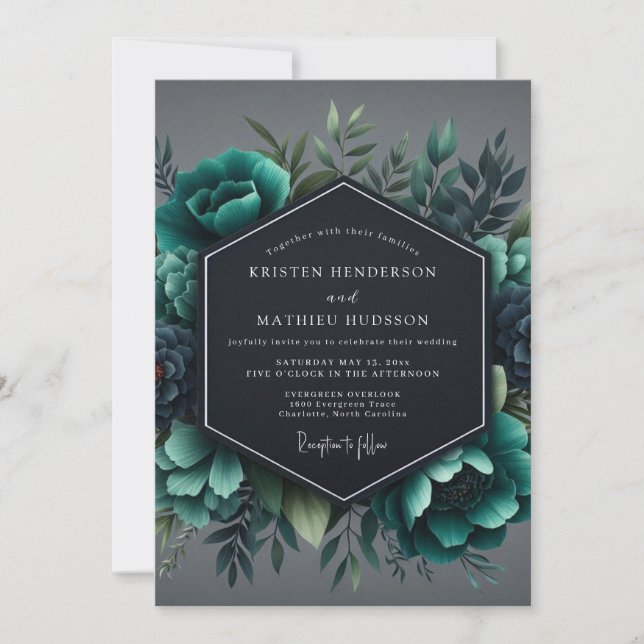 Slate Teal Moody Flora Wedding Einladung (Vorderseite)