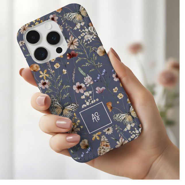 Slate Watercolor Wildflowers Floral Monogrammed iPhone Hülle (Von Creator hochgeladen)