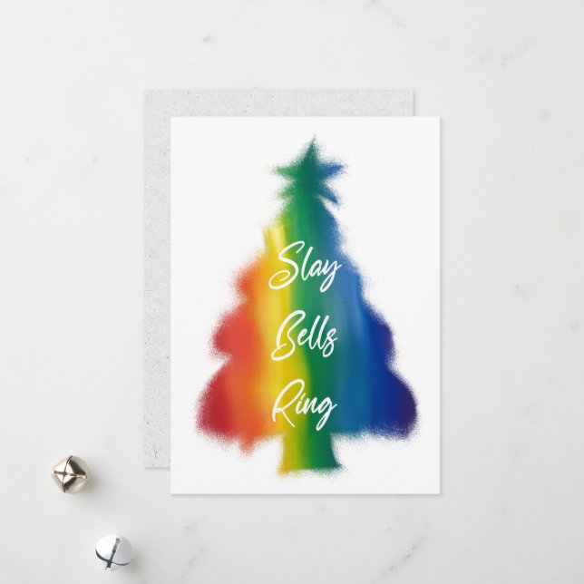 Slay Bells Ring Rainbow Weihnachtsbaum Feiertagskarte (Vorderseite/Rückseite Beispiel)