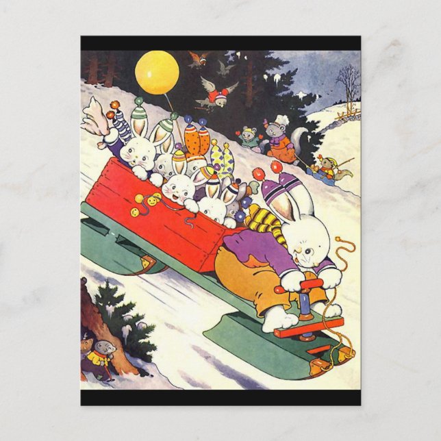 Sledding Bunnies Postkarte (Vorderseite)