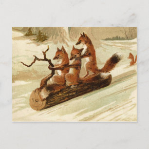 Sledding Foxes Vintage Christmas Postcard Feiertagspostkarte