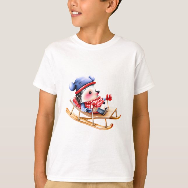 Sledgehog. Weihnachten Niedlicher Igel auf Schlitt T-Shirt (Vorderseite)