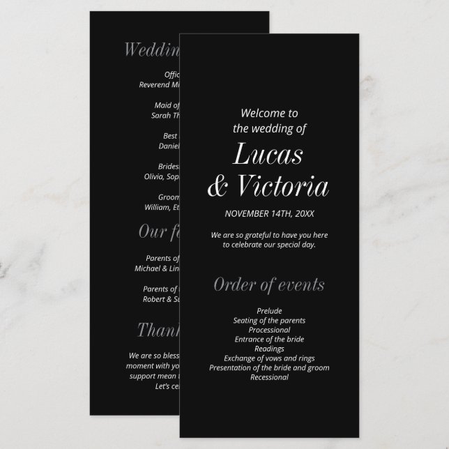 Sleek Black and White Minimalistisch Wedding Progr (Vorne/Hinten)
