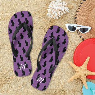 Sleek Black Cat Pattern Monogram Flip Flops
