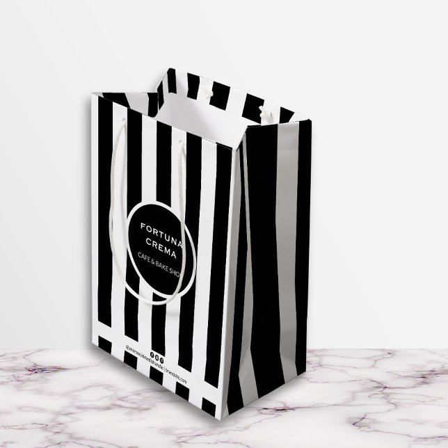 Sleek Black & White Stripes Small Business Brand Mittlere Geschenktüte (Von Creator hochgeladen)