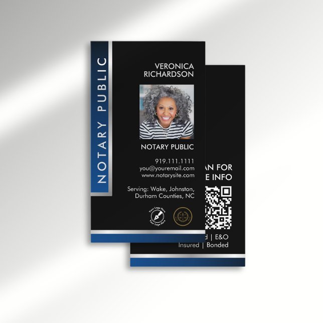 Sleek Blue Silver Notary Logo Foto QR Code Schwarz Visitenkarte (Von Creator hochgeladen)