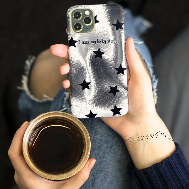 Sleek "Danke, meine glücklichen Sterne" Silver Bla Case-Mate iPhone Hülle (Trendy sleek silver gray cell phone case with simple black stars for elegant wow factor!)