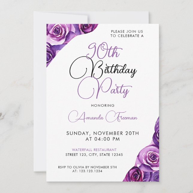 Sleek Lila Rose 90. Geburtstag Einladung (Vorderseite)