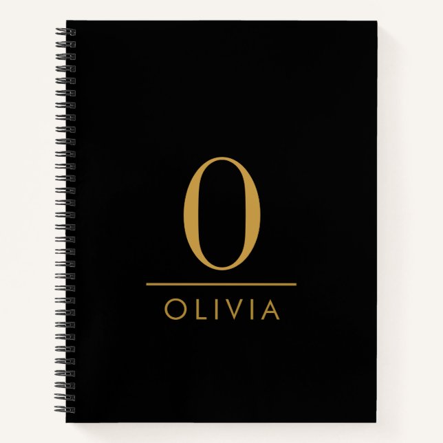 Sleek Minimalistisch Modern Gold Monogram Black Notizbuch (Vorderseite)