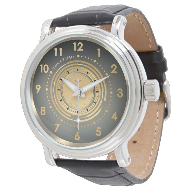 Sleek Modern Gold & Silver Dark Leather Custom Armbanduhr (Schrägansicht)
