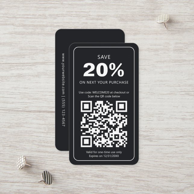 Sleek Modern Minimal Black Loyalty Discount Coupon (Vorderseite/Rückseite Beispiel)