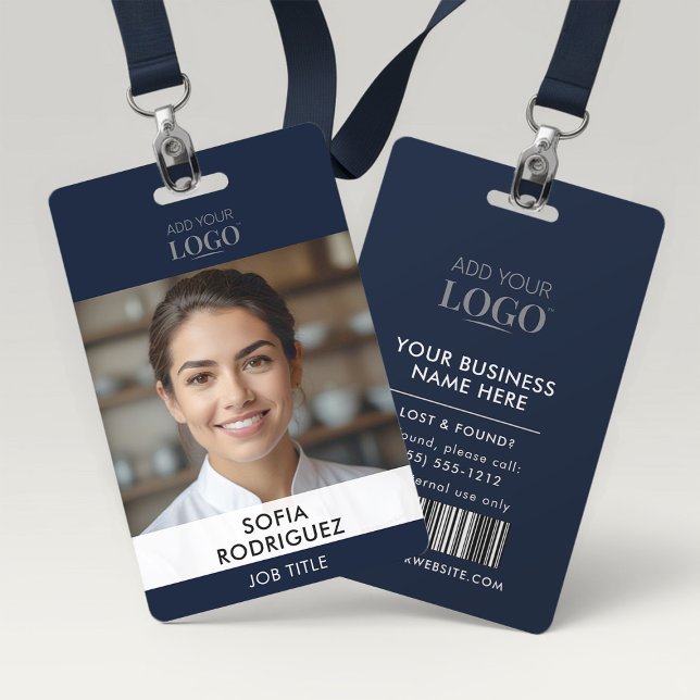 Sleek Modern Navy Blue Corporate Foto Barcode ID Ausweis (Von Creator hochgeladen)