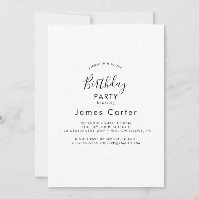Sleek Modern Script Birthday Party Einladung (Vorderseite)