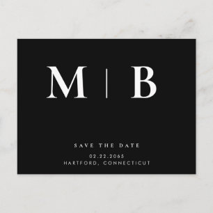 Sleek Monogram Black Wedding Save the Date Ankündigungspostkarte