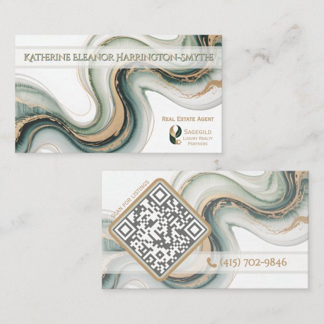 Sleek Sage Gold Marble Modern Realtor Logo QR Code Visitenkarte (Vorne/Hinten)