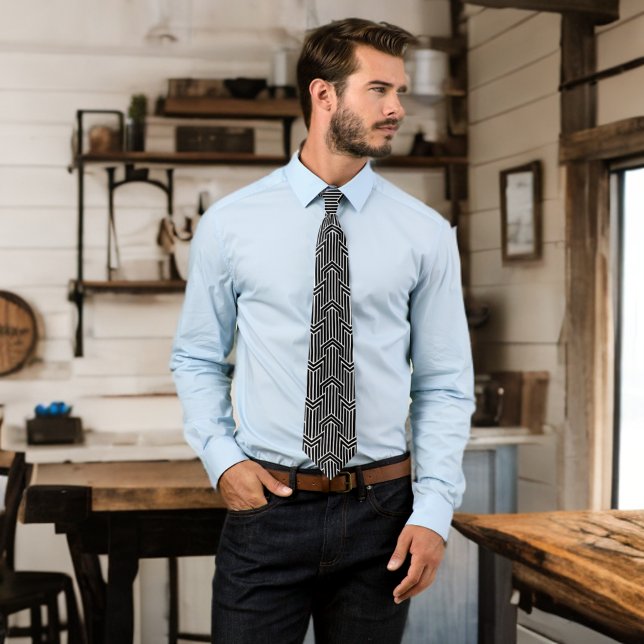 Sleek Schwarz-weiß Art Deco Mites Mens Chic Krawatte (Sleek Black White Art Deco Mites Mens Chic Neck Tie Male Model Standing in Room)