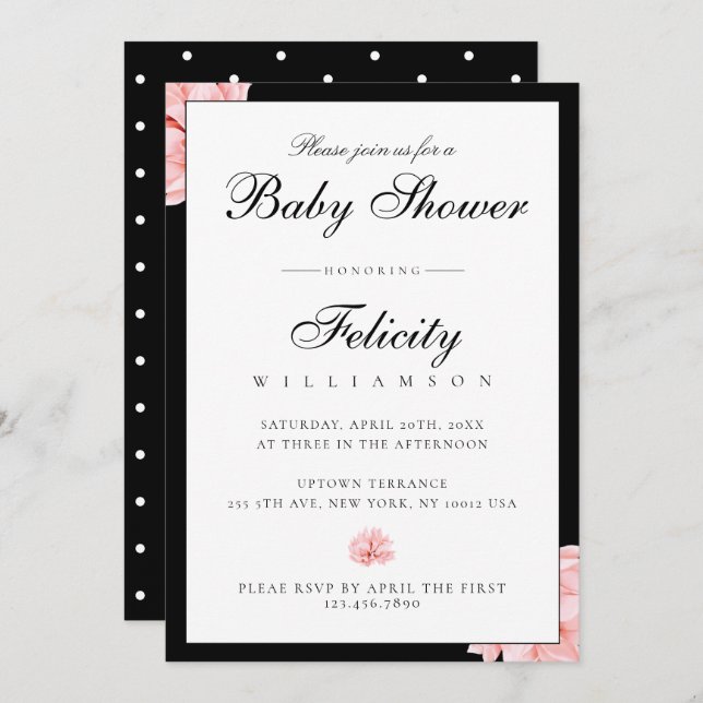 Sleek Schwarz-weiß Polka Dots Floral Baby Dusche Einladung (Vorne/Hinten)