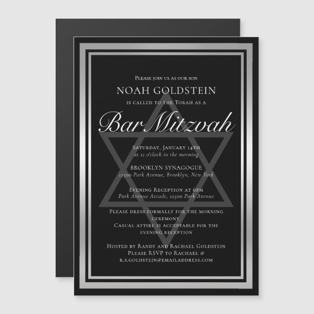 Sleek Silver Black Formal Bar Mitzvah Magneteinladung (Vorne/Hinten)