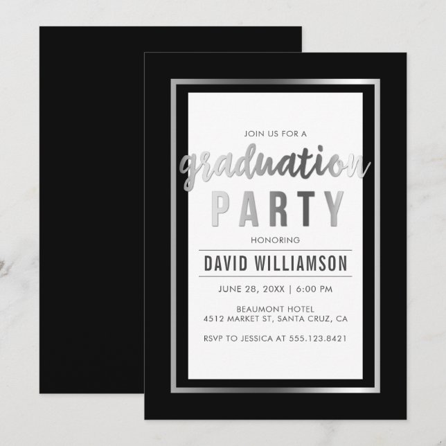 Sleek Silver & Black Typografy Graduation Party Einladung (Vorne/Hinten)