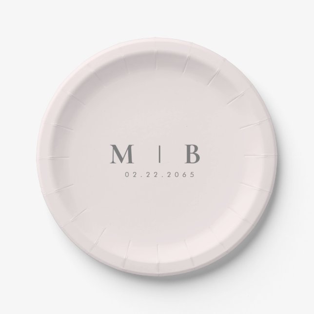 Sleek Simple Blush Monogram Wedding Paper Plate Pappteller (Vorderseite)