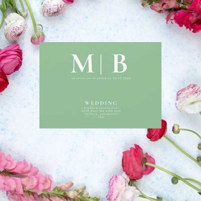 Sleek & Simple Monogram Green No Parts Einladung (Von Creator hochgeladen)