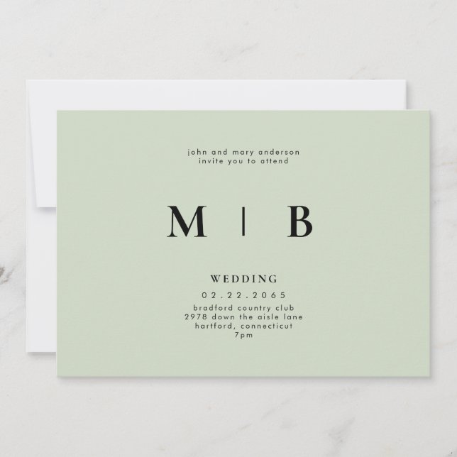 Sleek & Simple Monogram Sage Wedding Einladung (Vorderseite)