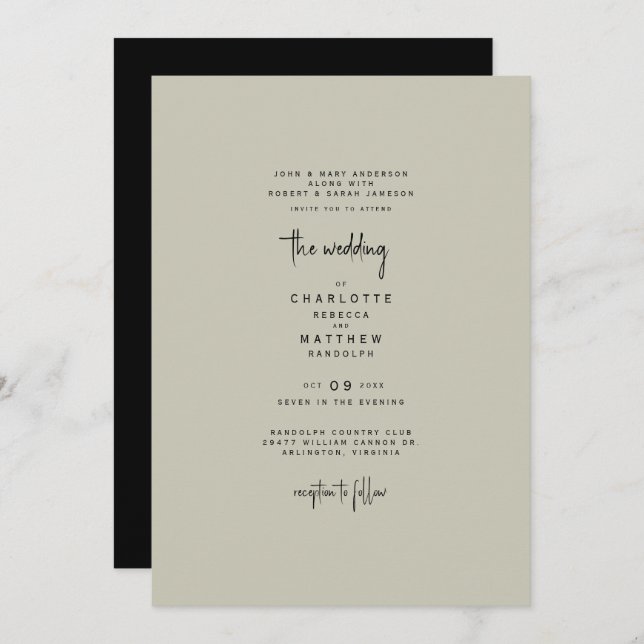 Sleek & Simple Tan & Black Wedding Einladung (Vorne/Hinten)