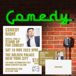 Sleek White & Gold, Comedian, Comedy Club Advert Flyer