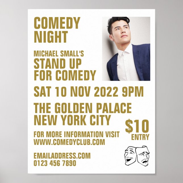 Sleek White & Gold, Comedian, Comedy Club Advert Poster (Vorne)