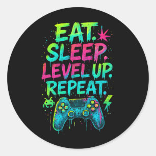 Sleep-Level-Up Ess Wiederholen Funny Gamer Video G Runder Aufkleber