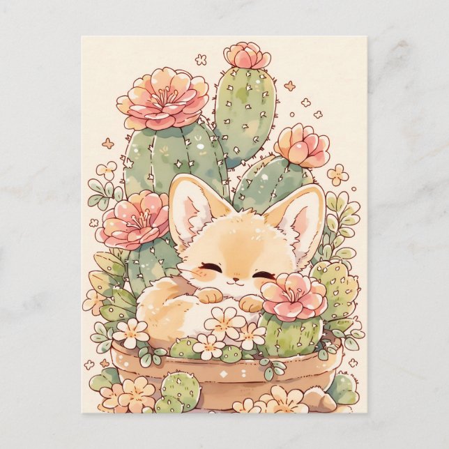 Sleeping Apricot Cactus Pot Fennec Fox Postkarte (Vorderseite)