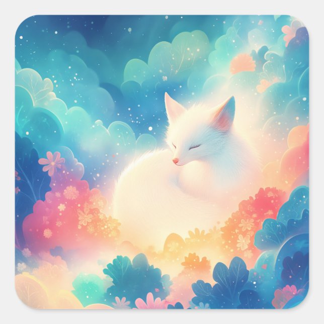 Sleeping Arctic Fox in Magical Pastel Cloud Quadratischer Aufkleber (Vorderseite)