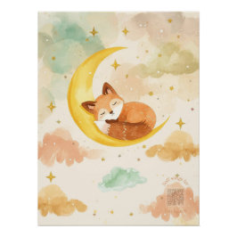 Sleeping Baby Fox Watercolor Nursery Wall Art Poster