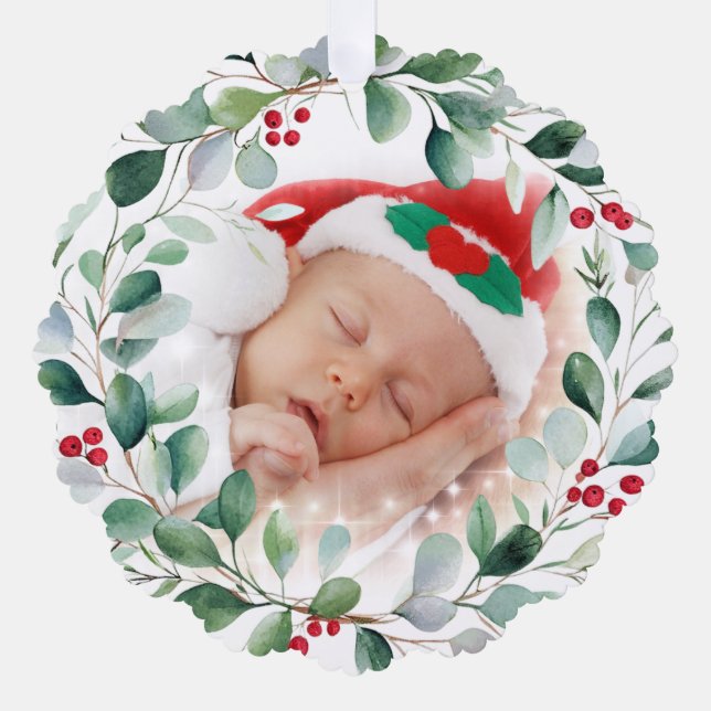 Sleeping Baby in Santa Hat with Holiday Wreath Ornament Karte (Vorderseite)