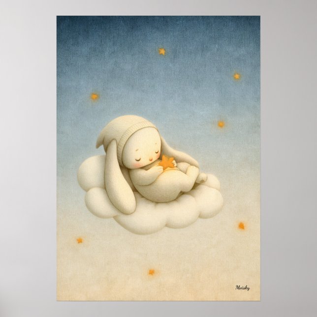 Sleeping Bunny Cloud Nursery Baby Illustration Poster (Vorne)