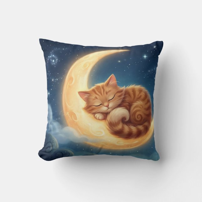 Sleeping Cat on Moon Nursery Throw Pillow Kissen (Vorderseite)